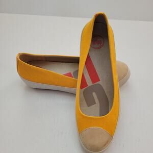 Fitflop Ocher Canvas Ballet Fats Yellow Beige Suede Toe Cap Leath Trim EU41 (10)